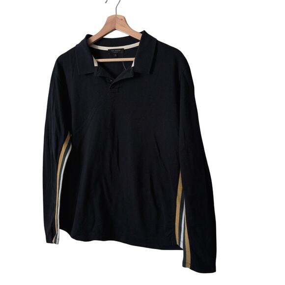 Ted Baker Polo Shirt Size 3 Medium Long Sleeve Side Seam Striped Navy Blue - Picture 5 of 10